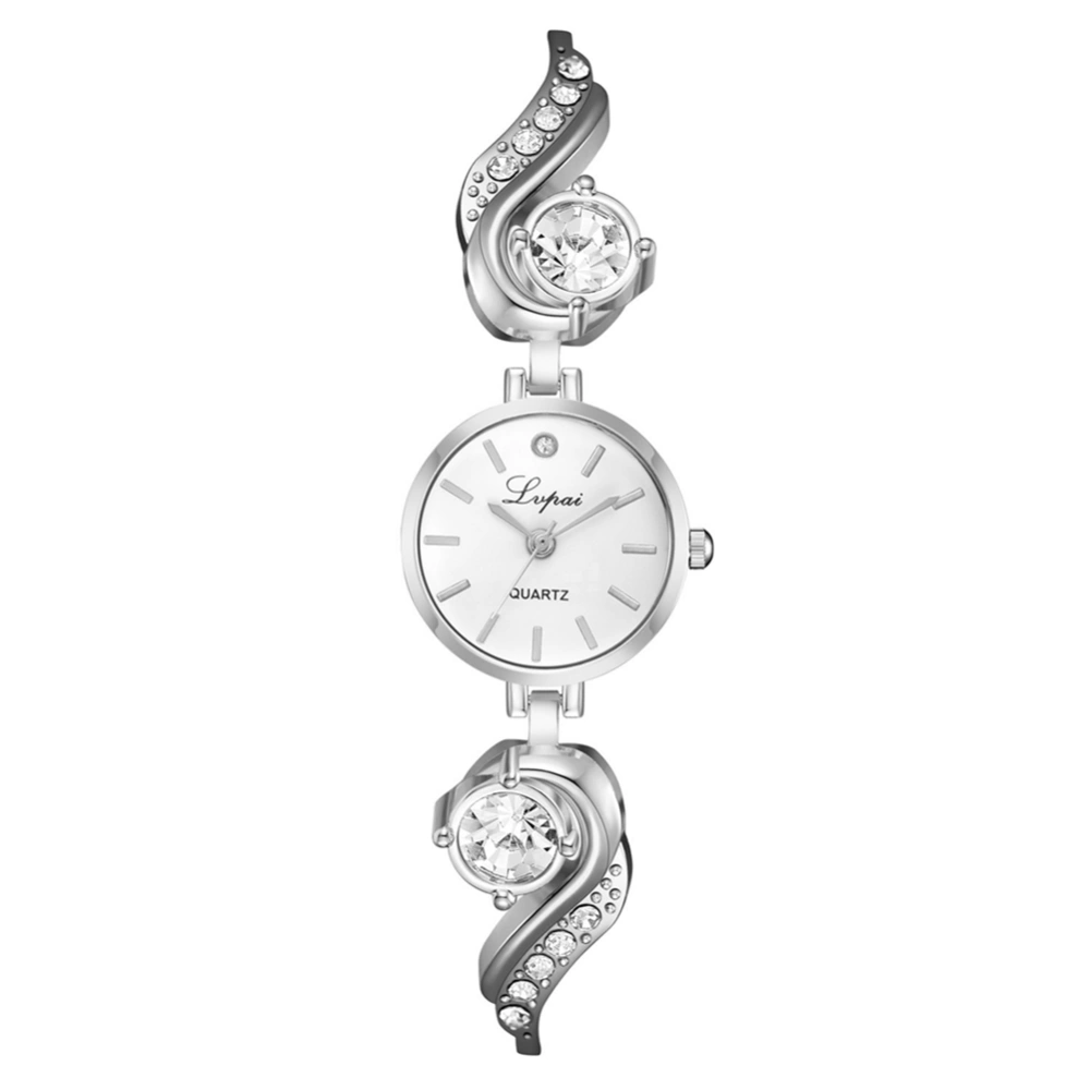 Alloy Lady Wrist Watch Round Dial Rhinestone Decoration Quartz Wristwatch(Silver+White)