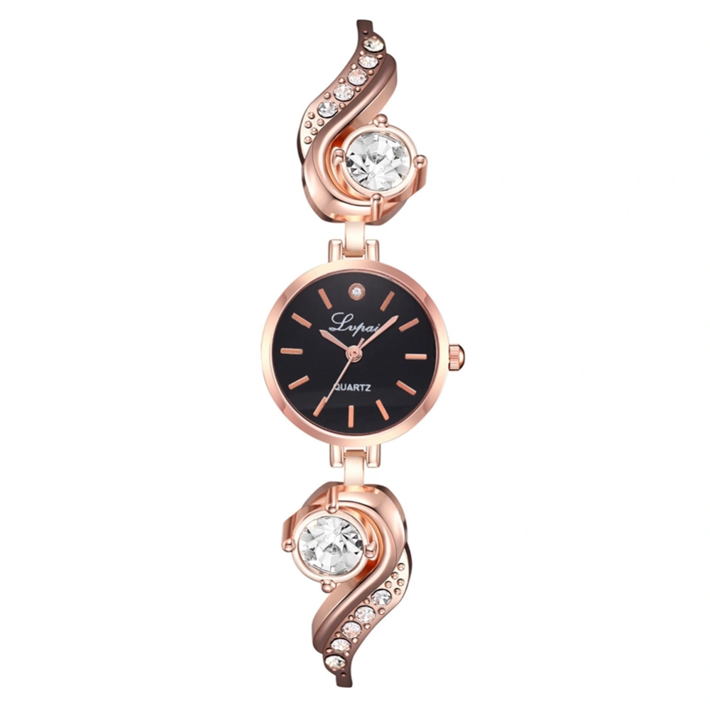 Alloy Lady Wrist Watch Round Dial Rhinestone Decoration Quartz Wristwatch(Rose Gold+Black)