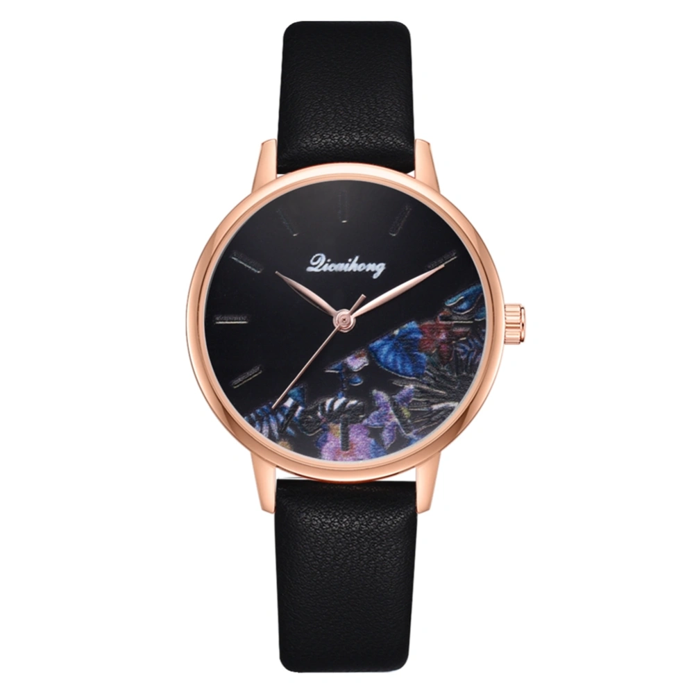 Casual PU Adjustable Strap Wrist Watch Flower Pattern Delicate Women Quartz Watch(Black)