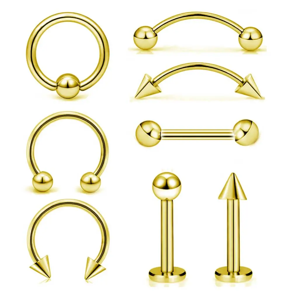 10PCS Stainless Steel Tongue Pin Nipple Ring Eyebrow Lip Nail Body Piercing Jewelry Set (Gold)