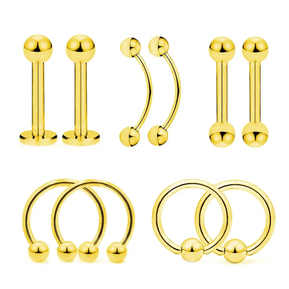 10PCS Stainless Steel Tongue Pin Nipple Ring Eyebrow Lip Nail Body Piercing Jewelry Set (Gold)