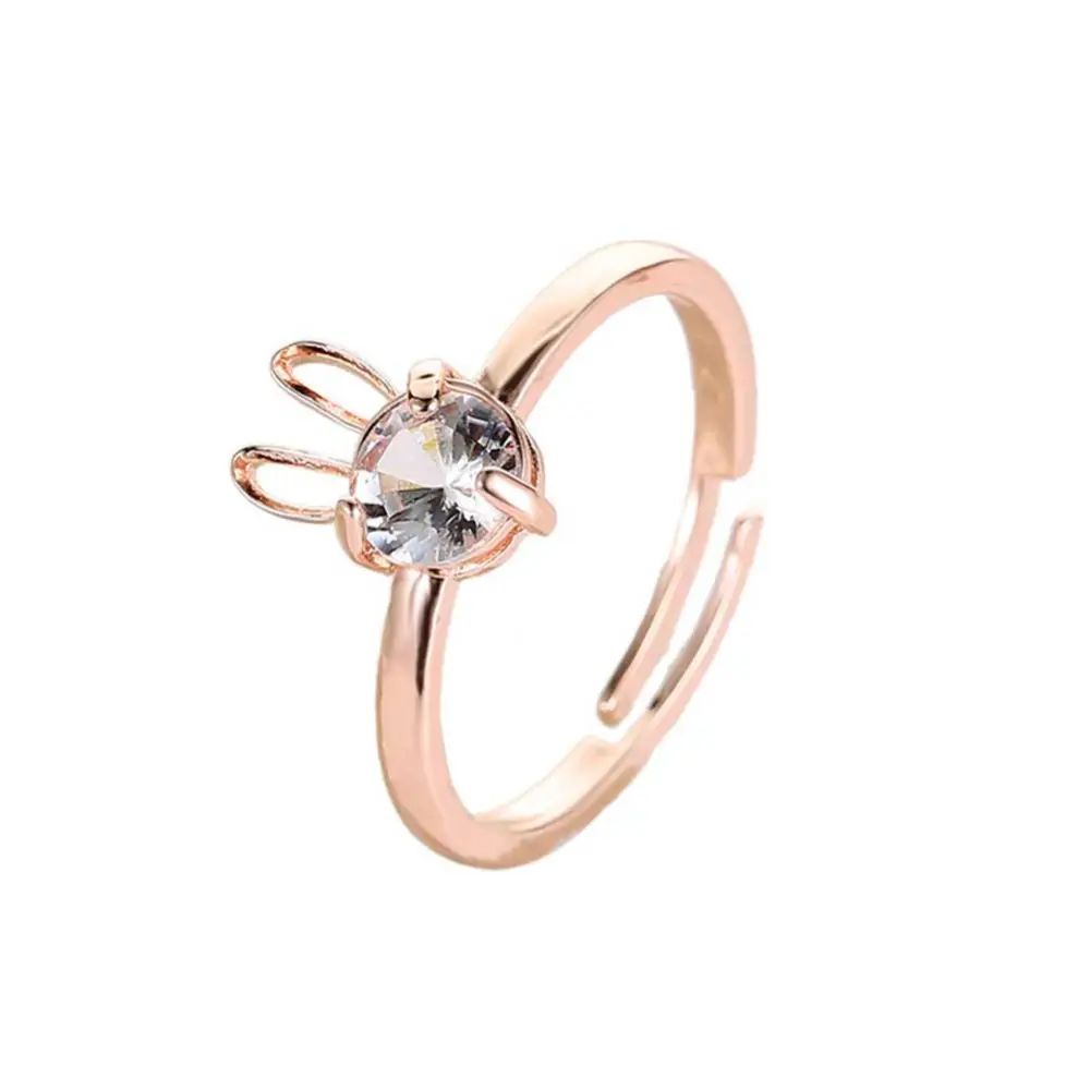 Women Hand Jewelry Cute Rabbit Fashion Copper Open Ring with Zircon Decoration (Rose Gold)