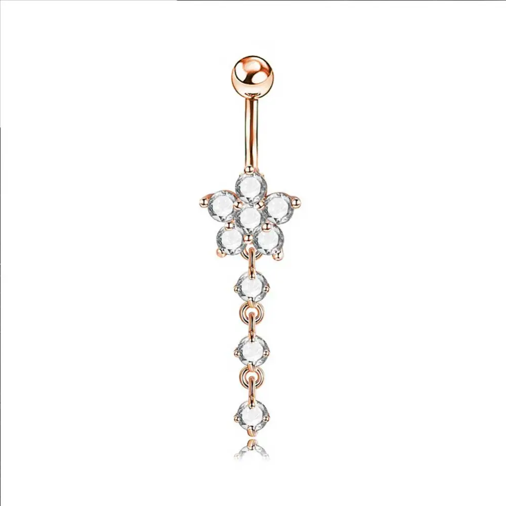 Sexy Women Dangle Zircon Flower Belly Button Navel Bar Ring Body Piercing Jewelry(Rose Gold)