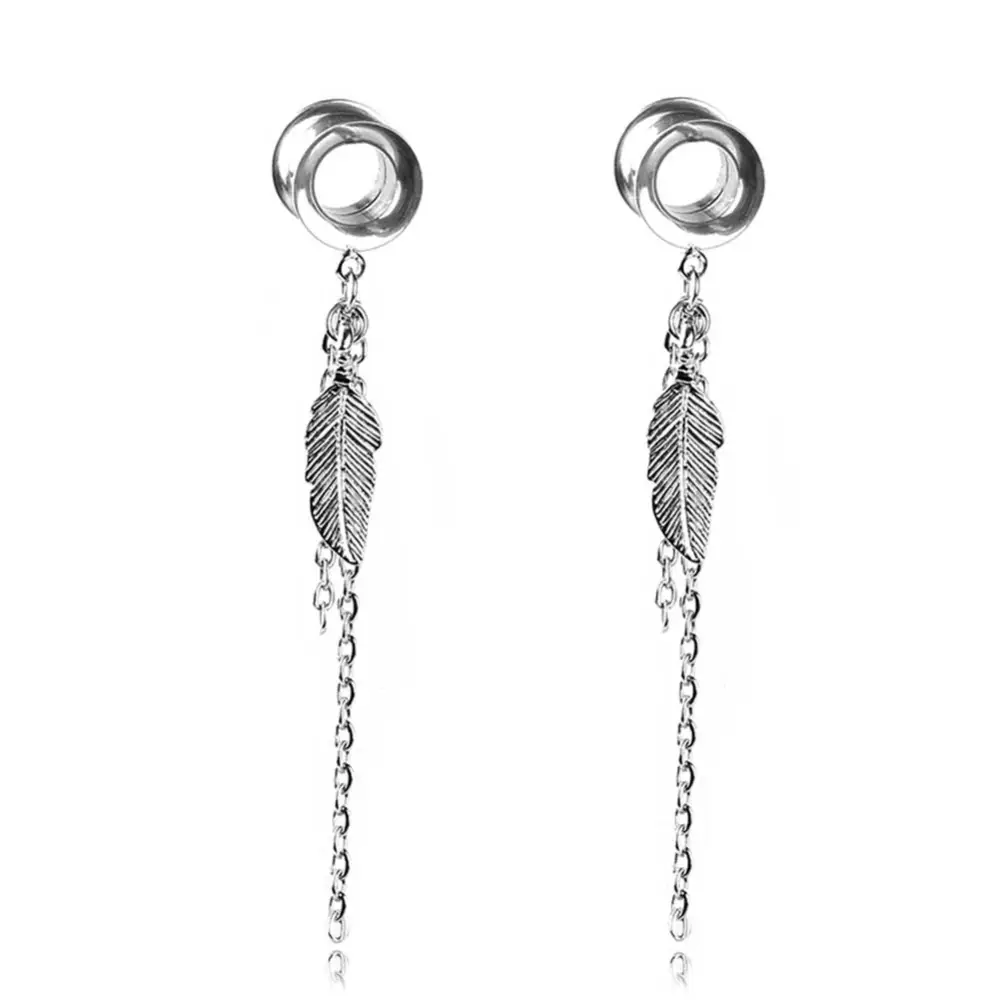 Women Double Speaker Leaf Chain Pendant Dangle Earrings Expansion Piercing Jewelry(14mm)