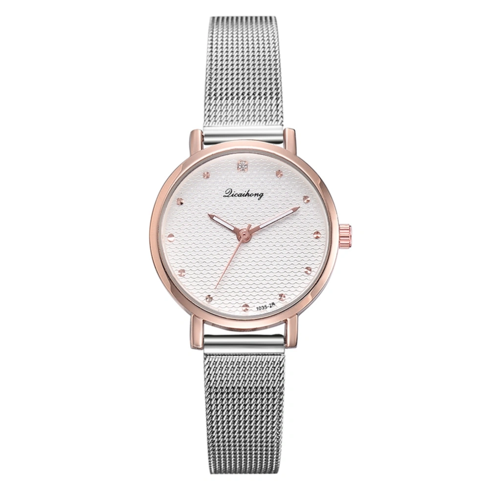 Leisure Fashion Women Simple Rhinestone Studded Alloy Dial Quartz Wrist Watch (White)