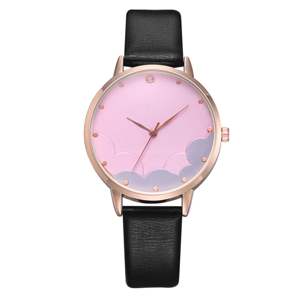 Leisure Fashion Ladies Simple Rhinestone Studded Alloy Dial Quartz Wrist Watch (Black Pink)