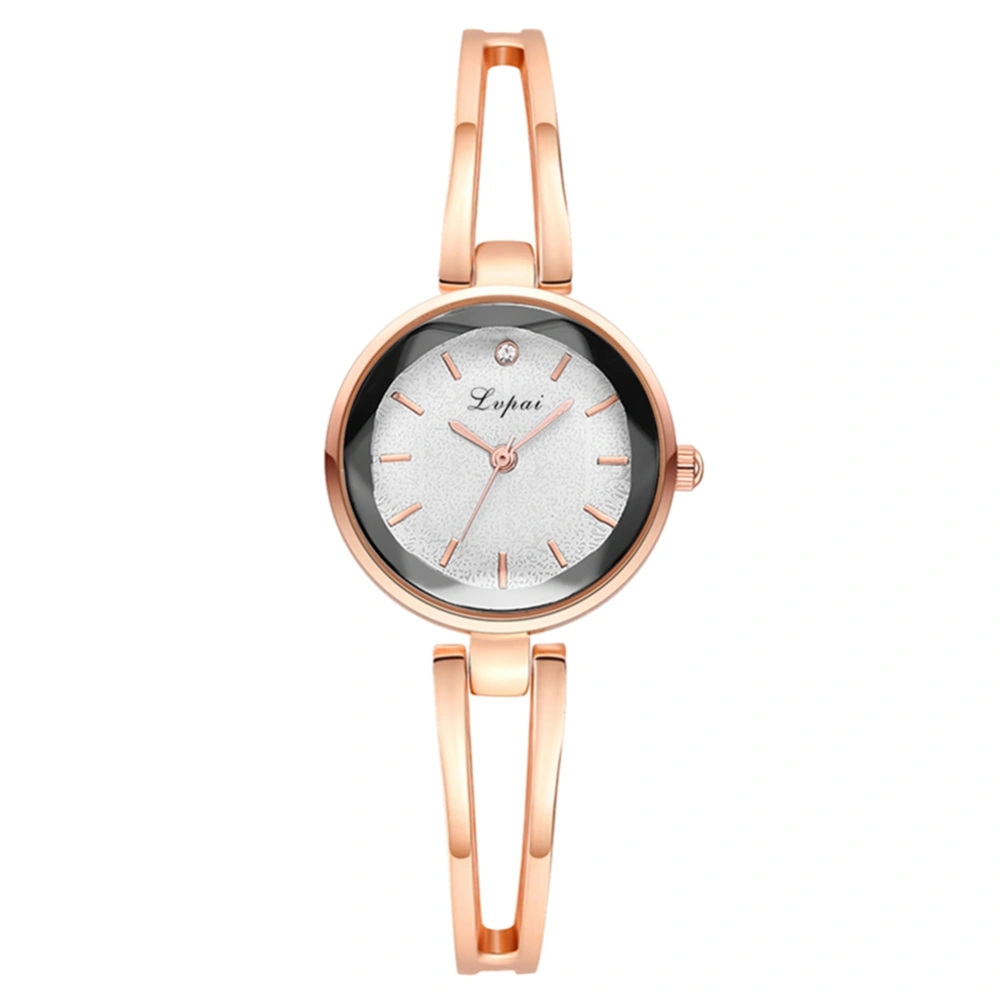 Elegant Women Alloy Round Dial Quartz Wristwatch Bangle Watch(White+Rose Gold Strap)