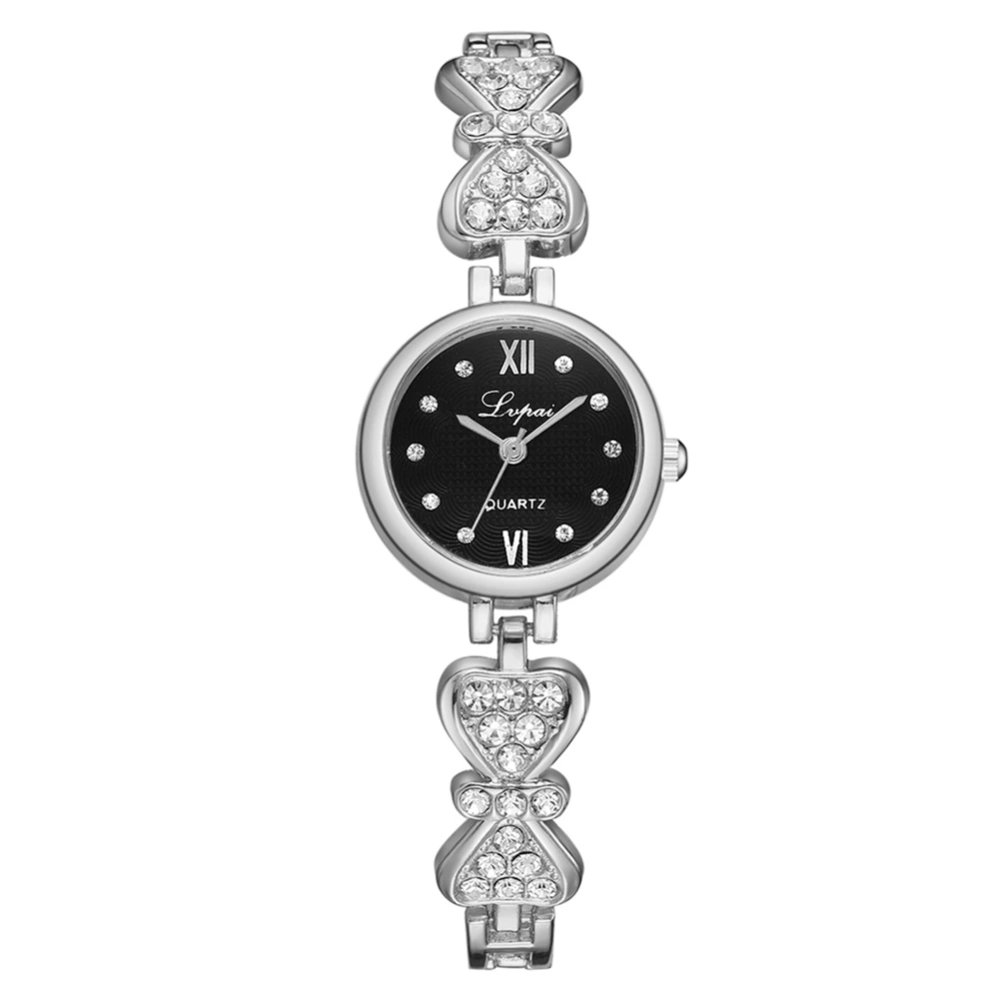 Fashionable Women Alloy Rhinestones Round Dial Analog Quartz Wristwatch Watch(Silver Black)