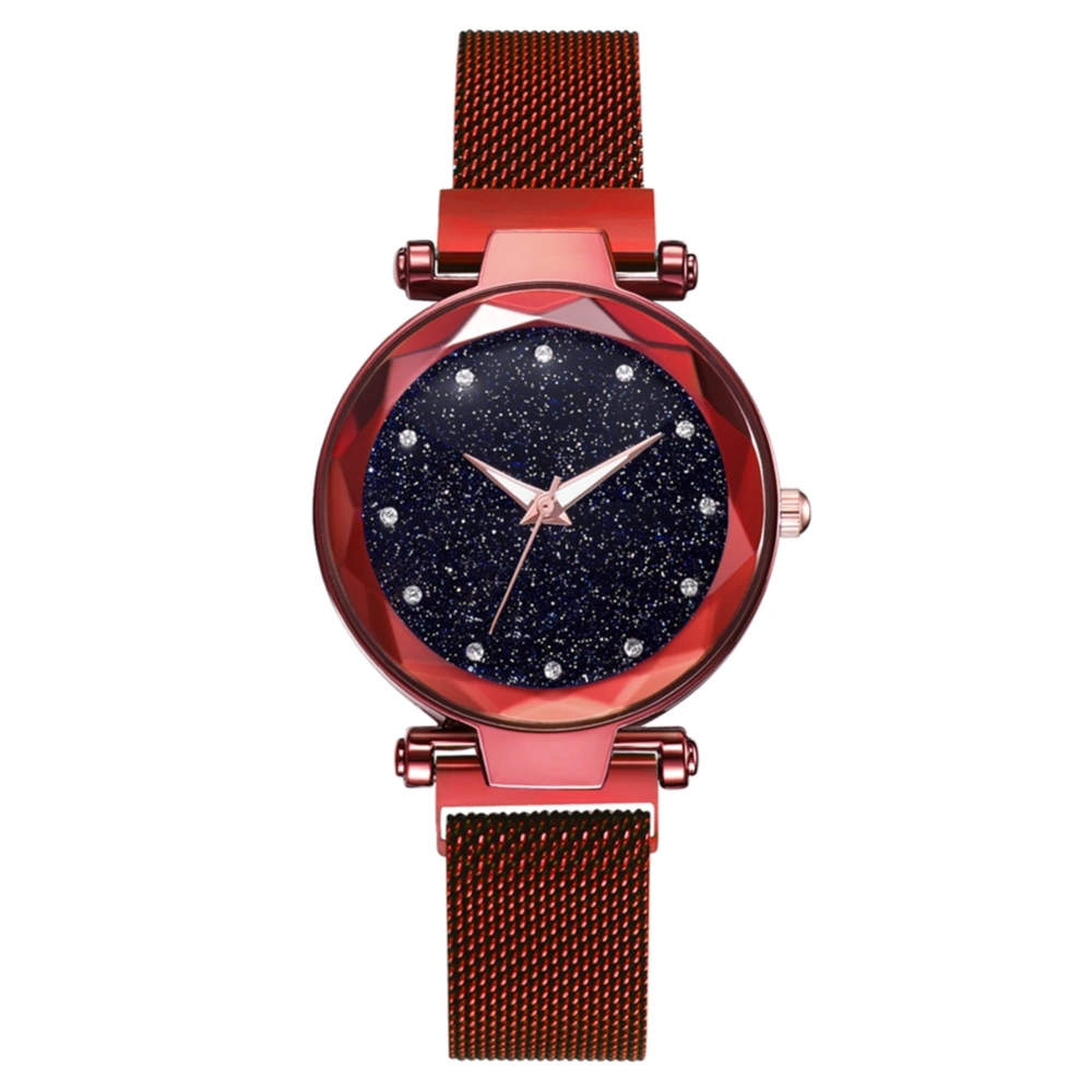 Rhinestone Decorated Roman Numerals Watch Fashion Mesh Strap Quartz Wristwatch (Red)