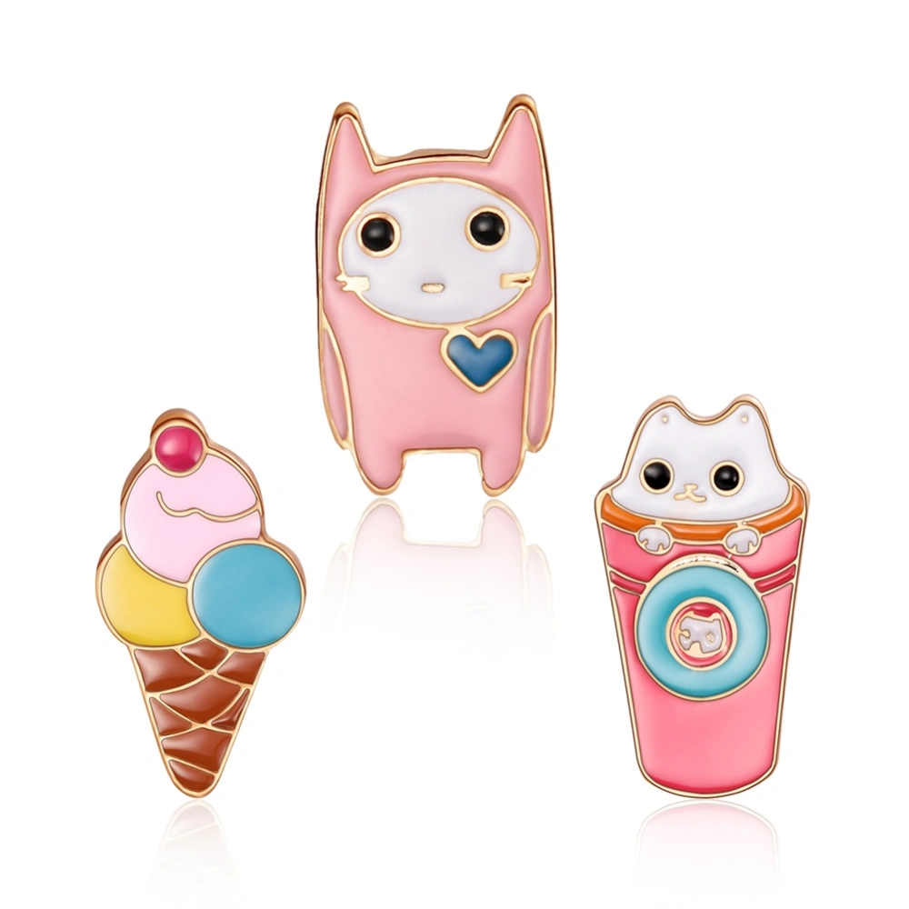 3PCS Lovely Ice Cream Cute Cup Cat Bag Buckle Zinc Alloy Brooch