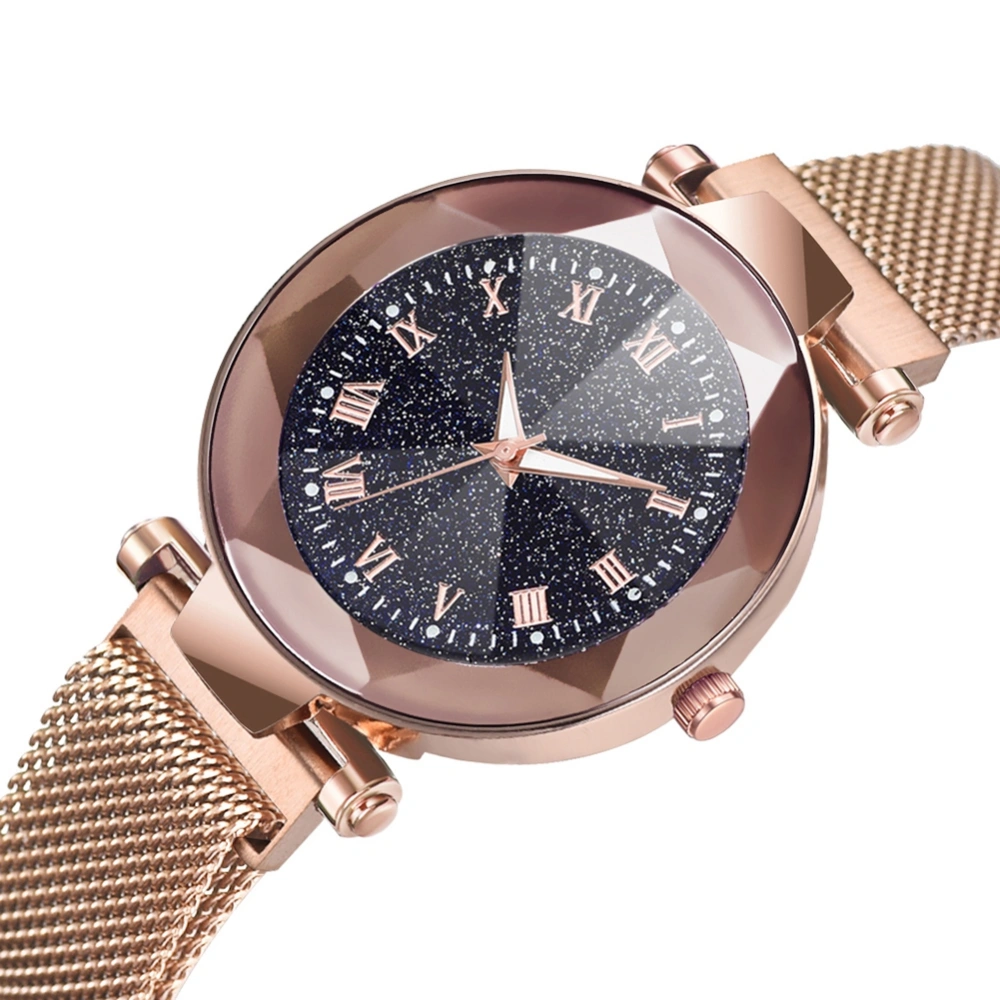 Fashion Women Quartz Wrist Watch Magnet Button Mesh Strap Wristwatch Round Dial (Rose Gold)