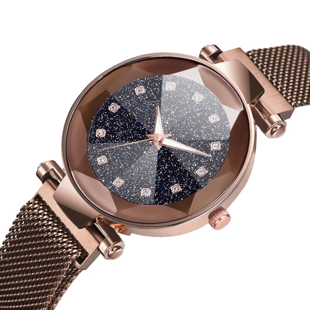 Fashion Women Quartz Wrist Watch Magnet Button Mesh Strap Wristwatch Round Dial Alloy(Coffee)