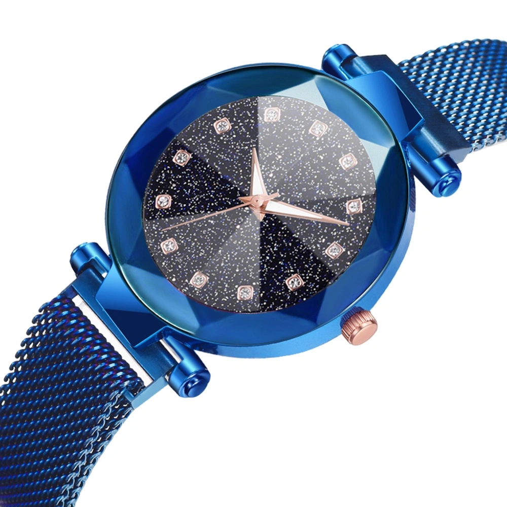 Fashion Women Quartz Wrist Watch Magnet Button Mesh Strap Wristwatch Round Dial Alloy(Blue)