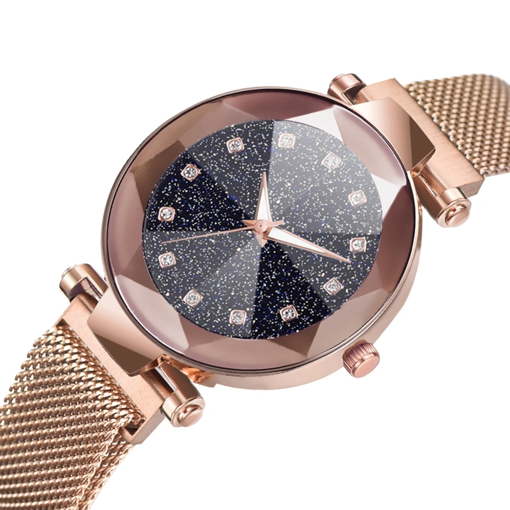 Fashion Women Quartz Wrist Watch Magnet Button Mesh Strap Wristwatch Round Dial(Rose Gold)