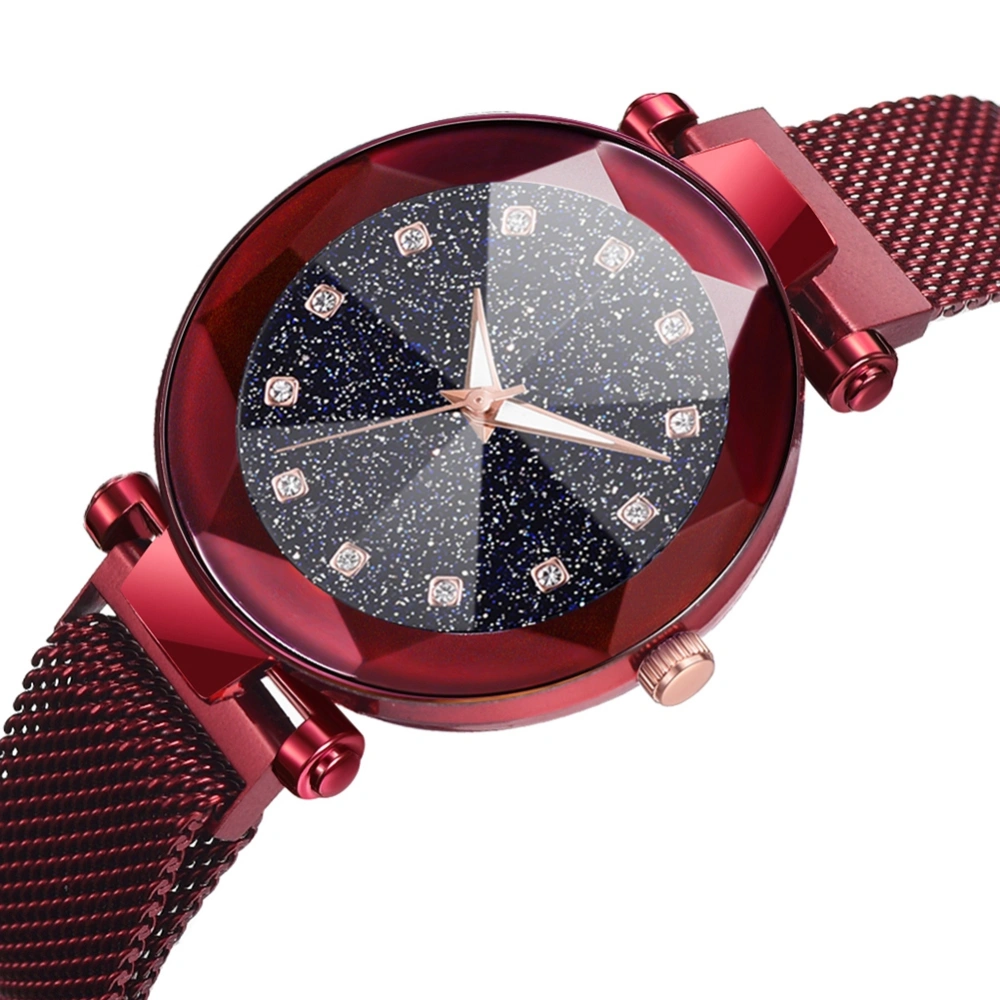 Fashion Women Quartz Wrist Watch Magnet Button Mesh Strap Wristwatch Round Dial Alloy(Red)