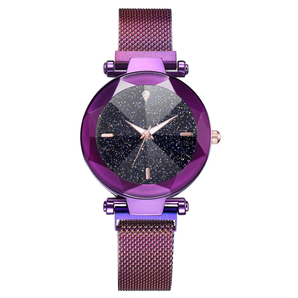 Fashion Women Quartz Wrist Watch Magnet Button Mesh Strap Wristwatch Round Dial Alloy(Purple)