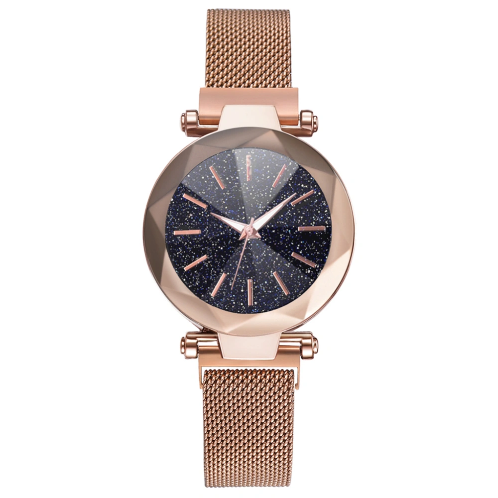 Fashion Women Quartz Wrist Watch Magnet Button Mesh Strap Wristwatch Round Dial (Rose Gold)