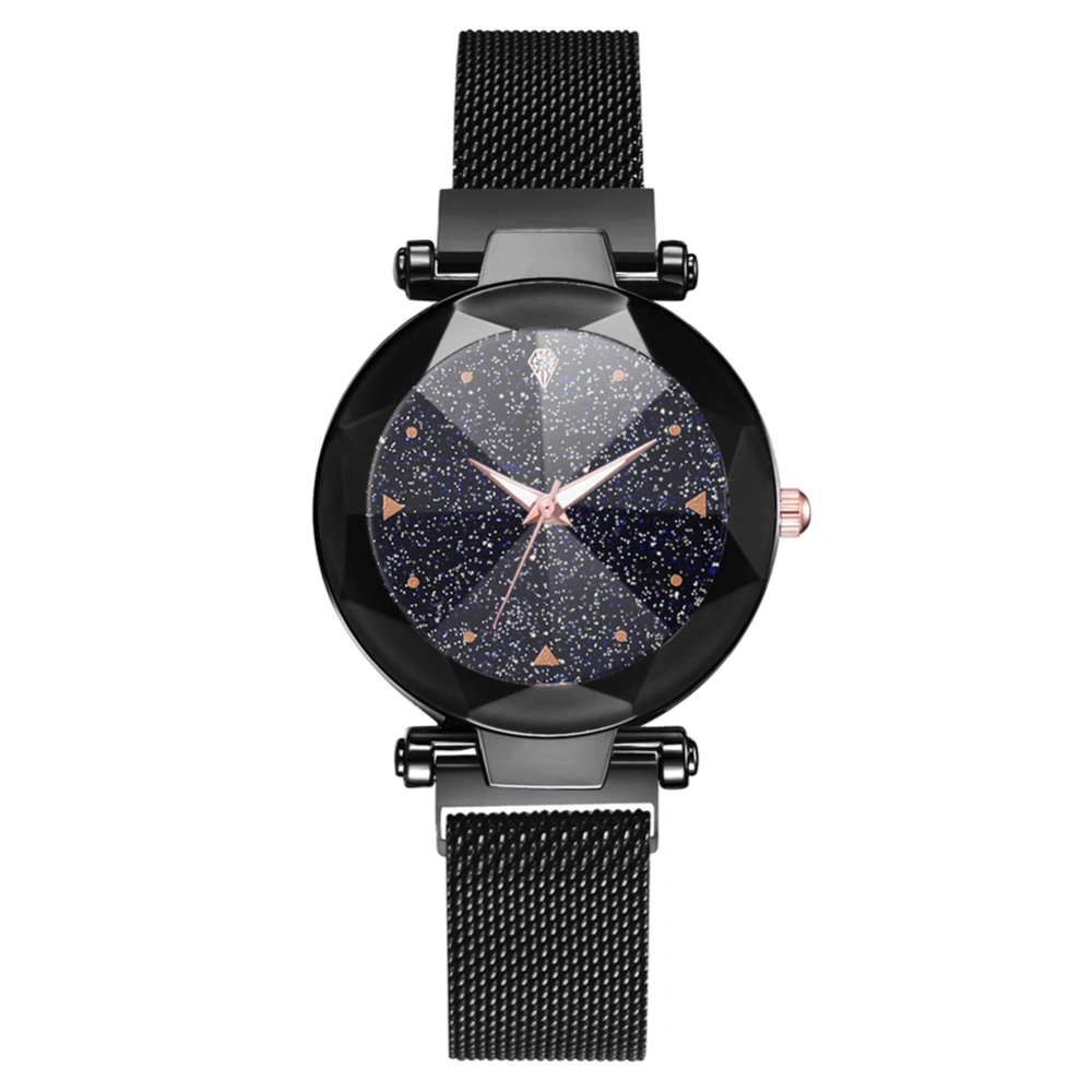 Fashion Women Quartz Wrist Watch Magnet Button Mesh Strap Wristwatch Round Dial Alloy(Black)