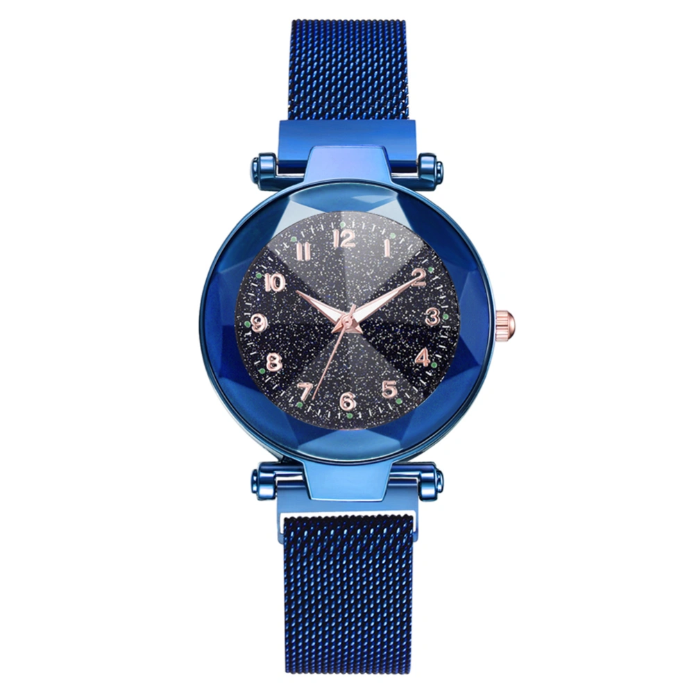 Fashion Women Quartz Wrist Watch Magnet Button Mesh Strap Wristwatch Round Dial Alloy(Blue)