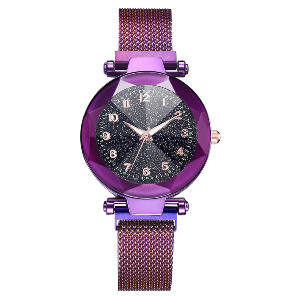 Fashion Women Quartz Wrist Watch Magnet Button Mesh Strap Wristwatch Round Dial Alloy(Purple)