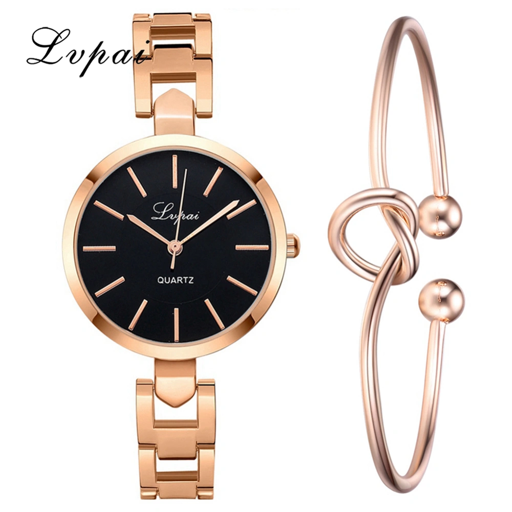 Alloy Strap Quartz Round Dial Female Watch Delicate Bracelet Set (Rose Gold Black)