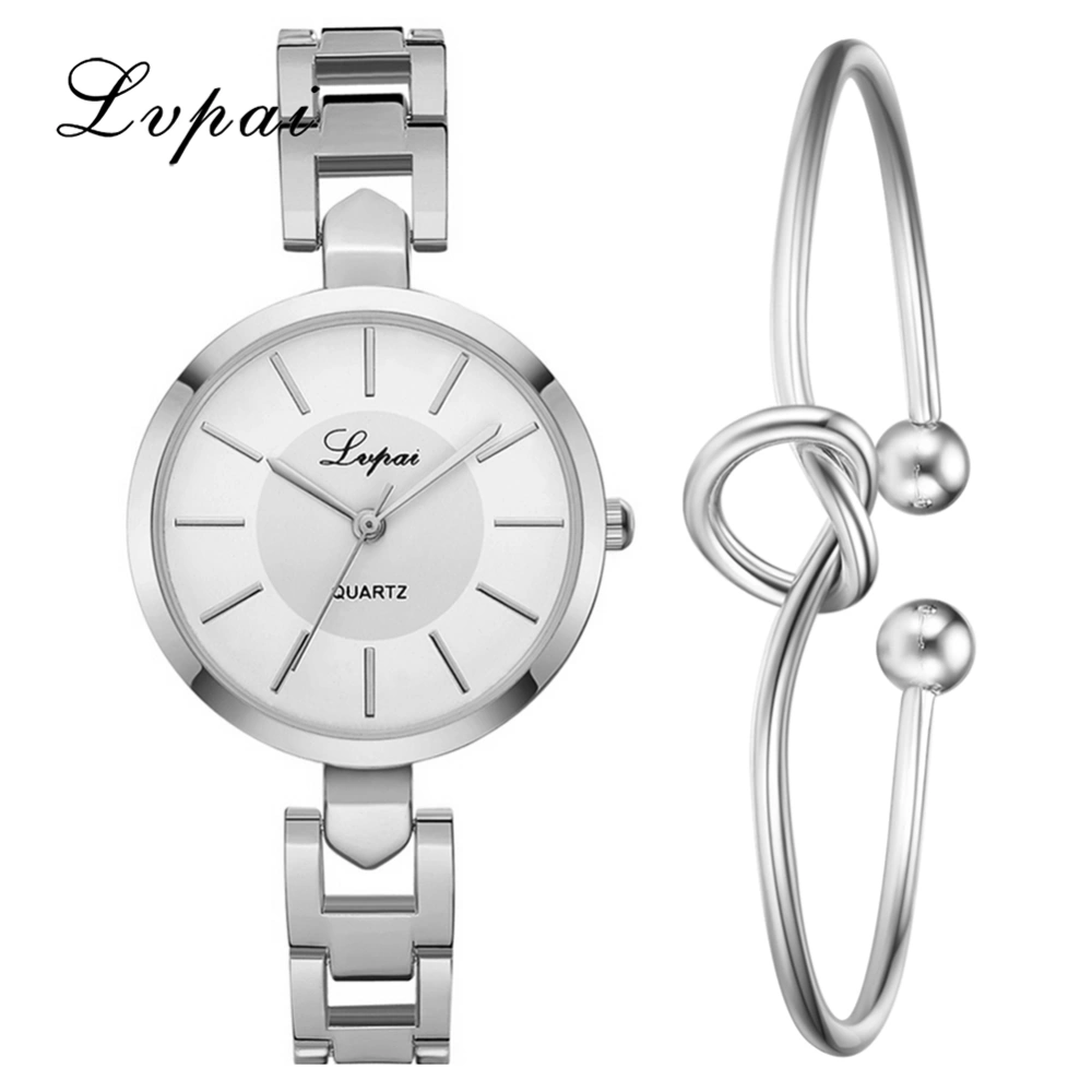 Alloy Strap Quartz Round Dial Female Watch Delicate Bracelet Set (Silver White)