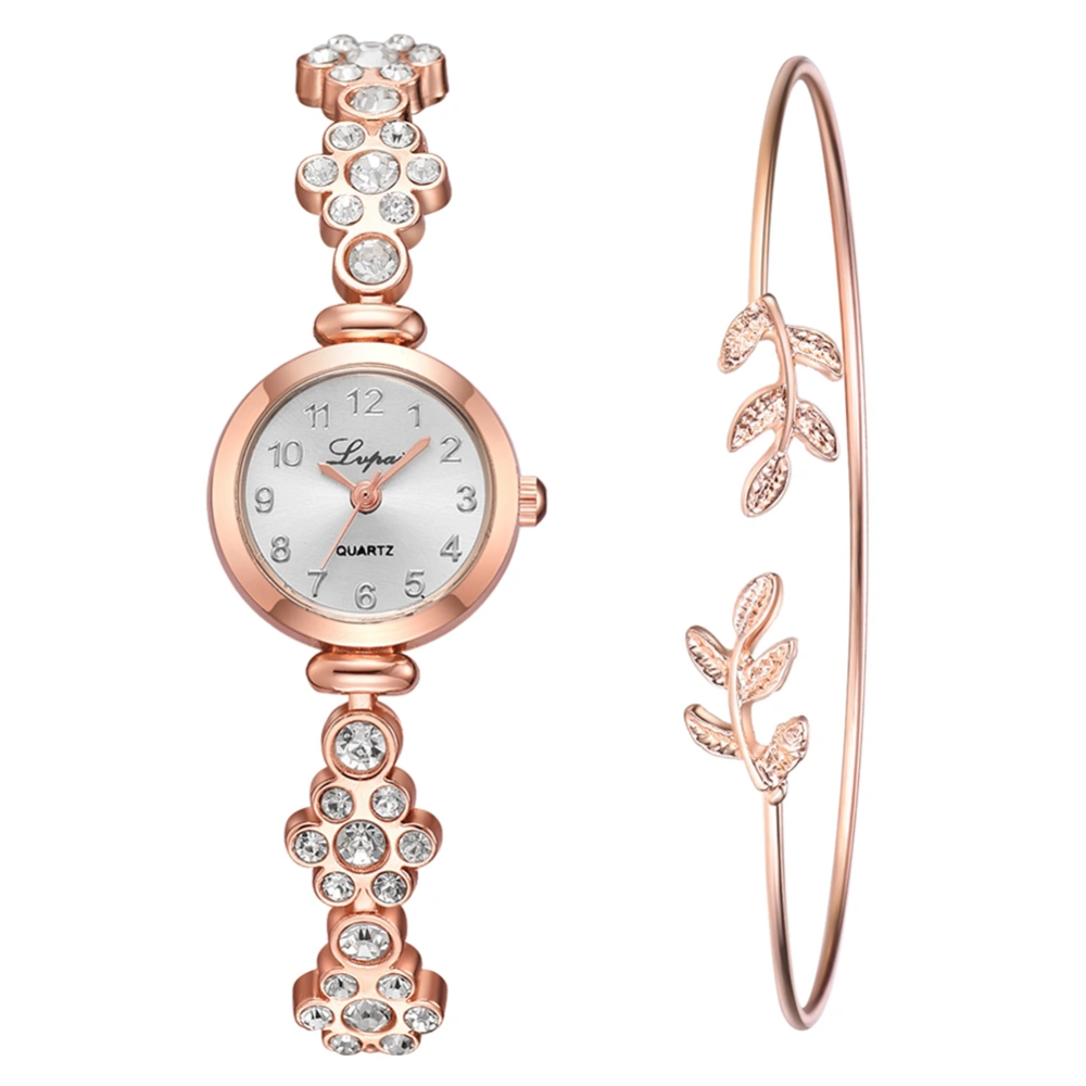 Alloy Strap Quartz Round numeral Dial Female Watch with Rhinestone Bracelet (Rose Gold White)