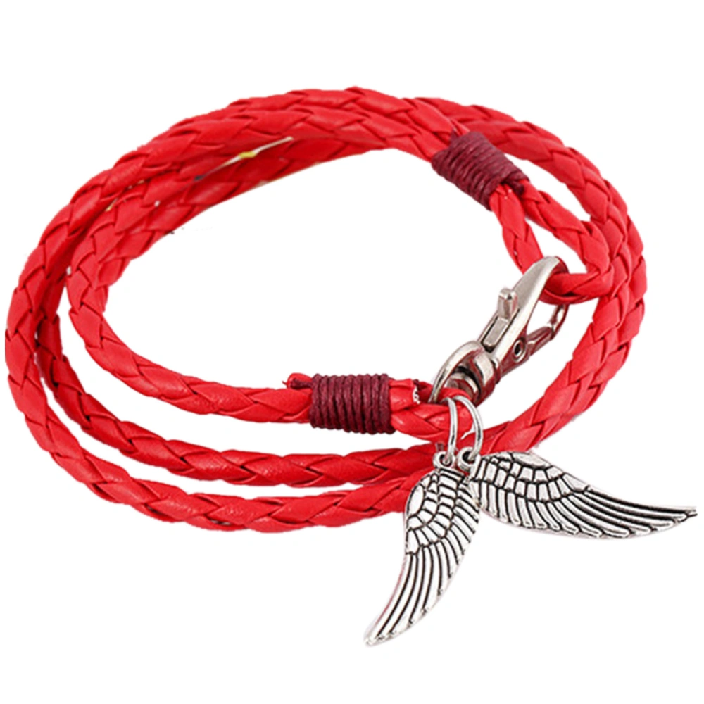 National Style Woven Vintage Alloy Wing Pendant Multilayers Bracelet Jewelry (Red)