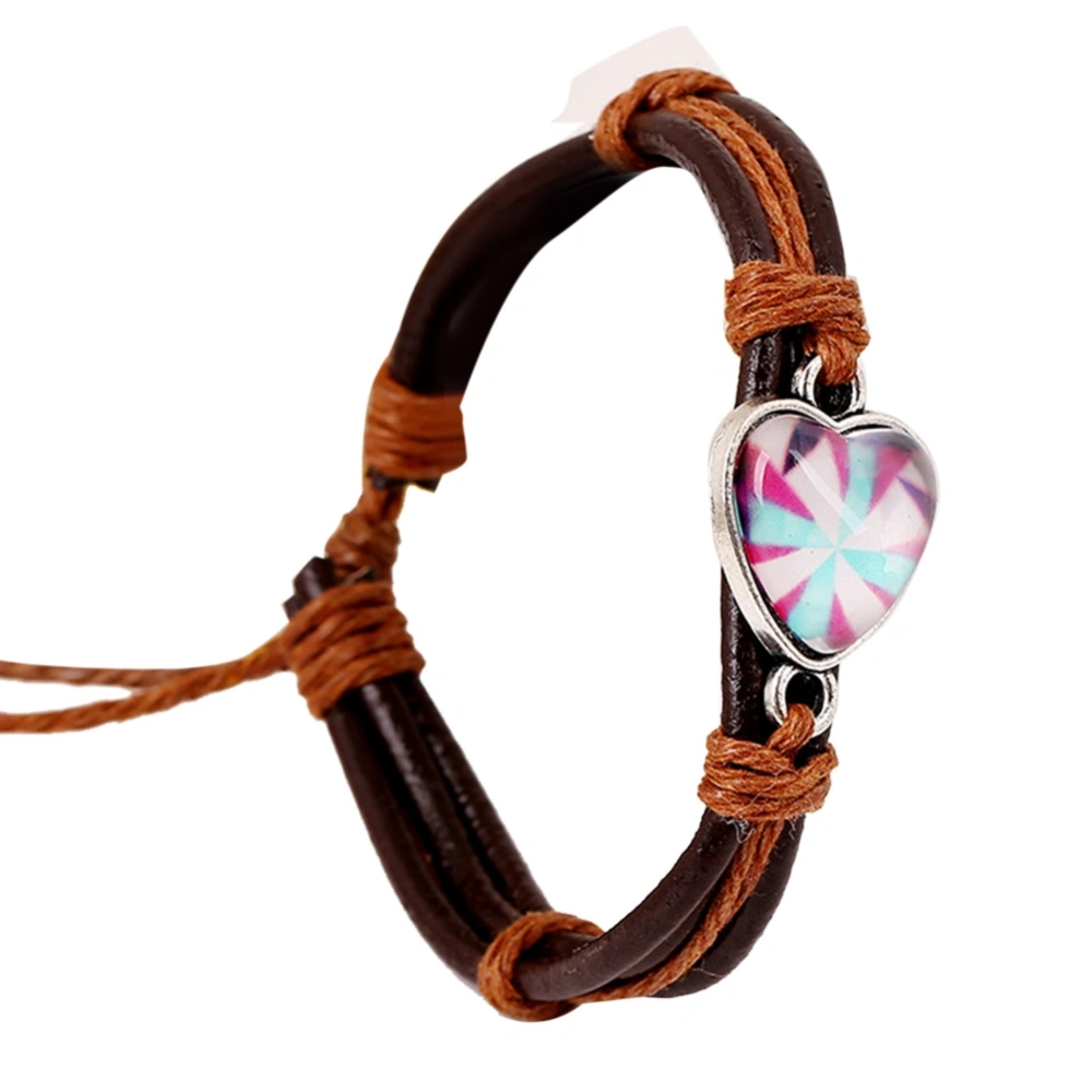 Punk Vintage Style Woven Cowhide Heart Pattern Unisex Bracelet Jewelry (Brown)