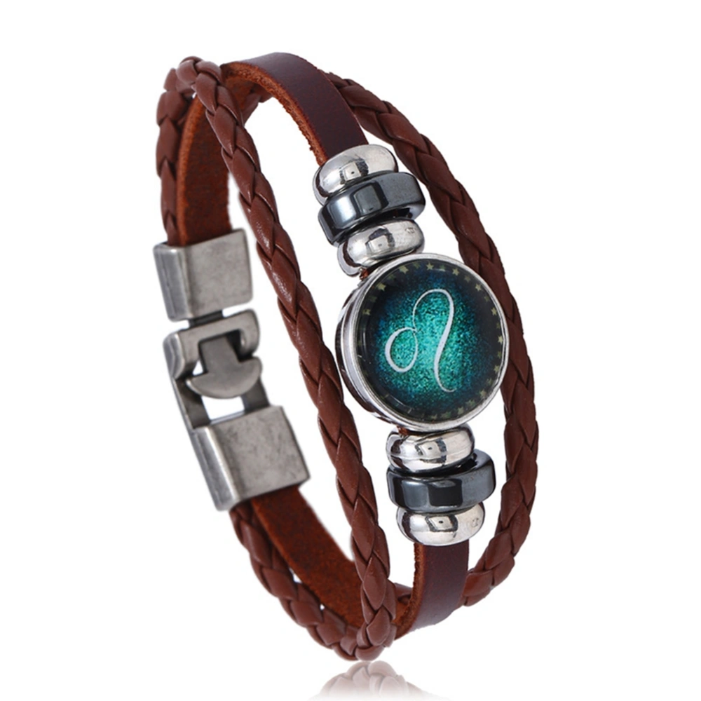 Unisex Vintage Style Bracelet 12 Constellations Faux Cowhide Alloy Woven Bracelet (Leo)