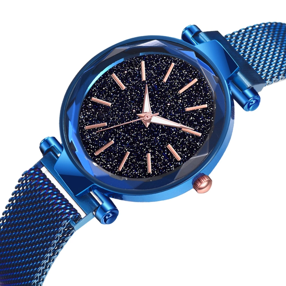 Women Magnetic Buckle Glitter Dial Watch Alloy Mesh Strap Quartz Wristwatch (Blue)