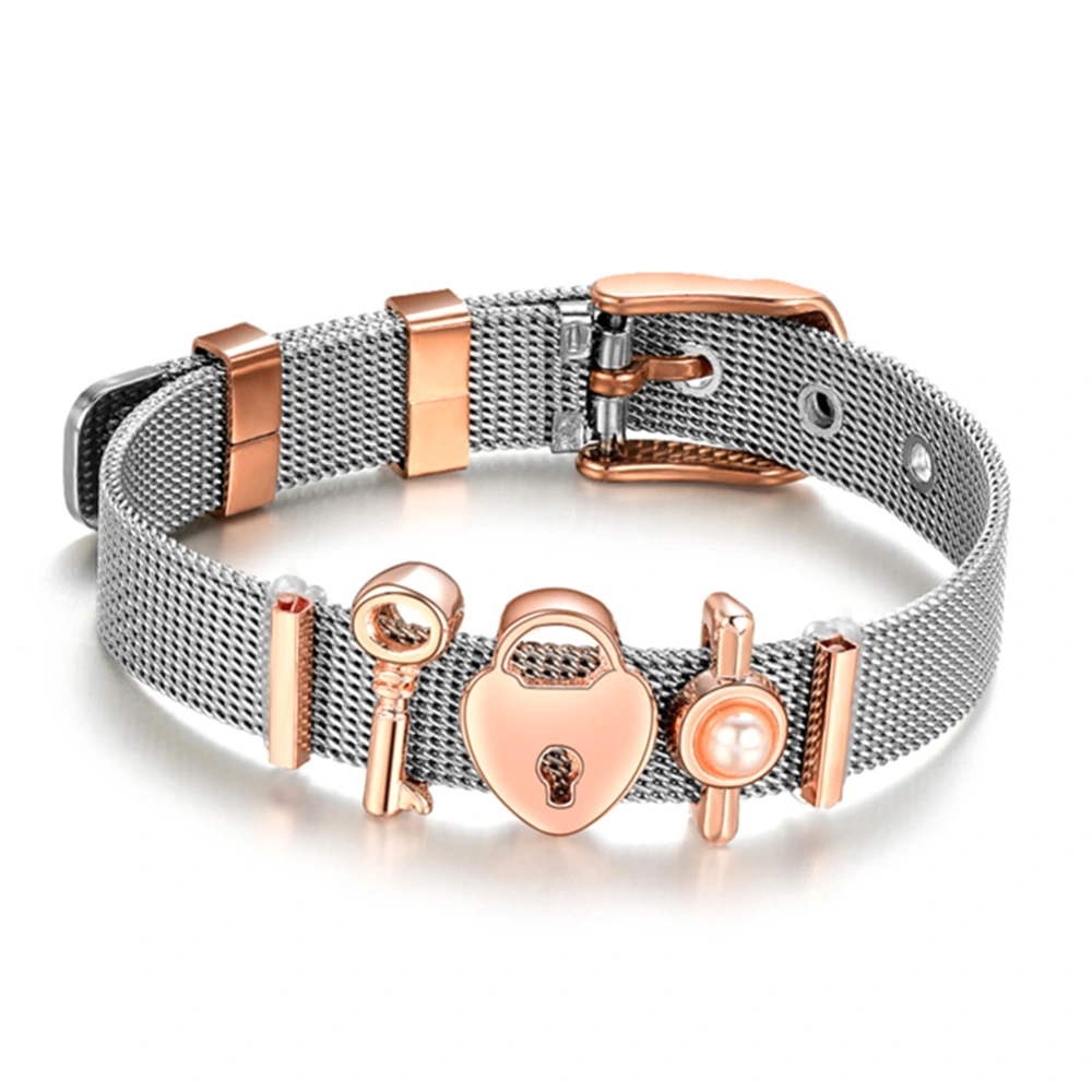 Stainless Steel Mesh Bracelet Women Adjustable Pink Buckle Slide Charms Bangle (D)