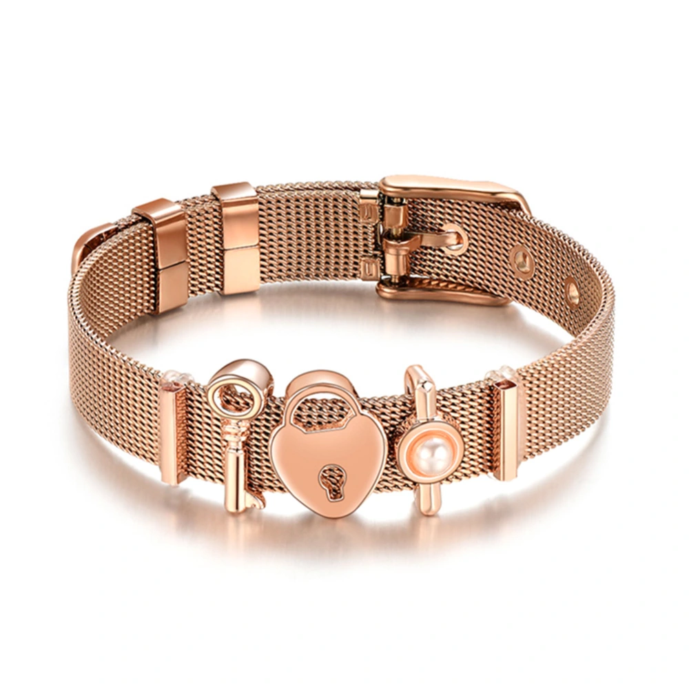 Stainless Steel Mesh Bracelet Women Adjustable Pink Buckle Slide Charms Bangle (A)