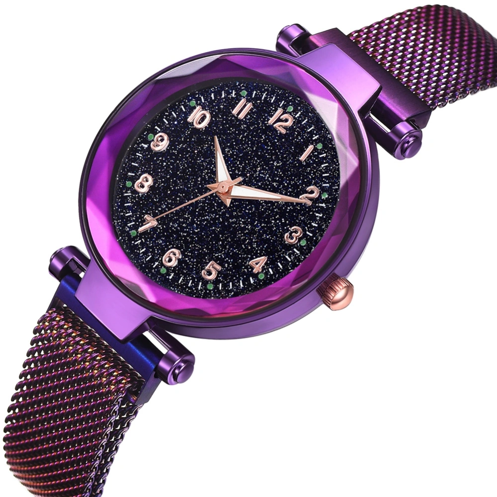 Fashionable Women Simple Round Dial Quartz Alloy Mesh Belt Wristwatch(Purple)