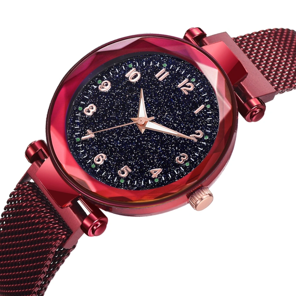 Fashionable Women Simple Round Dial Quartz Alloy Mesh Belt Wristwatch(Red)