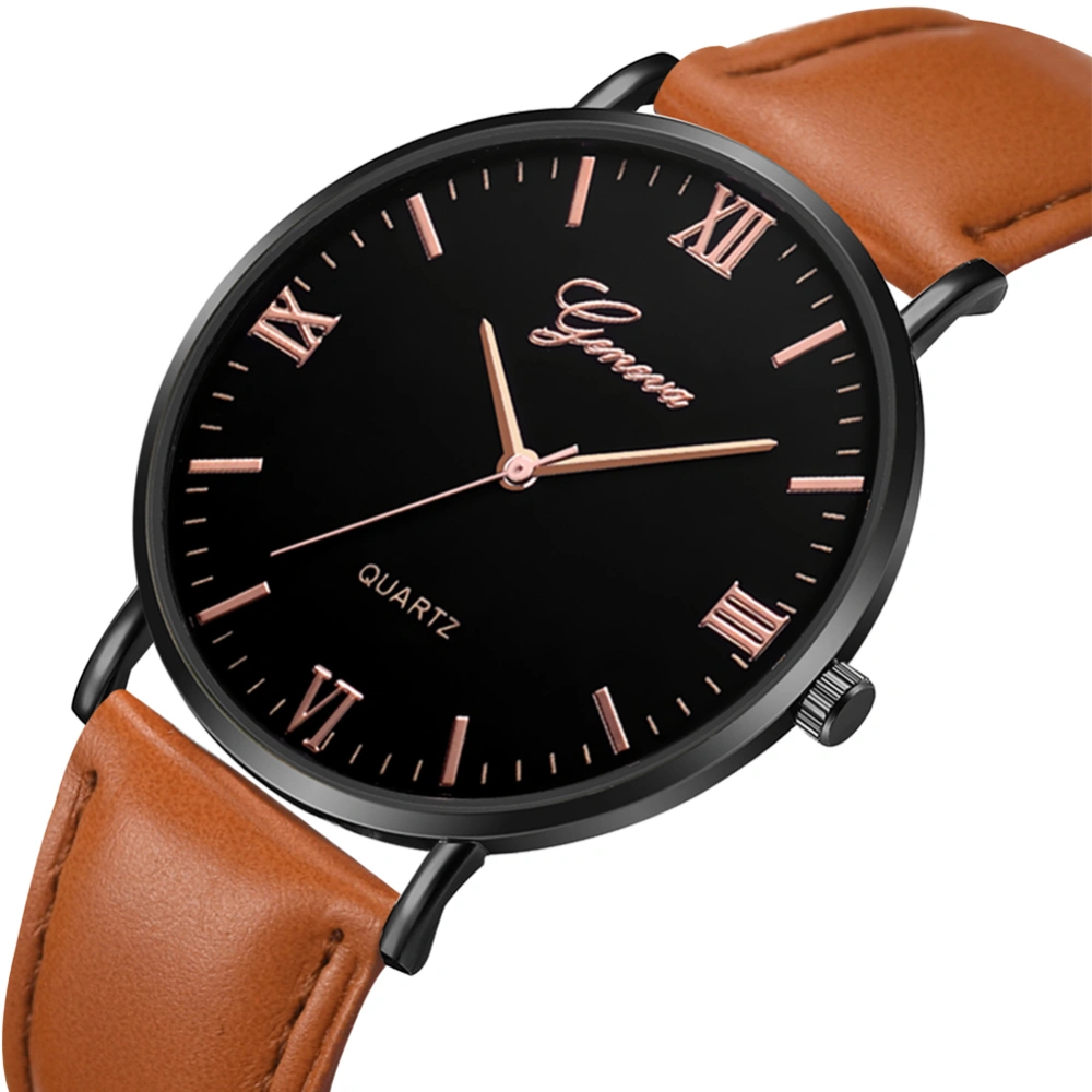 Unisex Men Women Watch Quartz PU Strap Round Glass Dial Wristwatch(Brown Black Rose Gold)