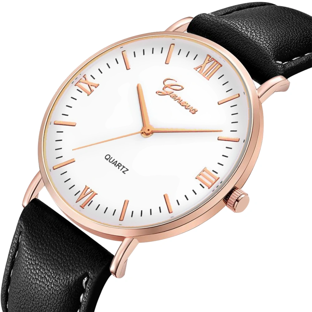 Unisex Men Women Watch Quartz PU Strap Round Glass Dial Wristwatch(Black Rose Gold White)