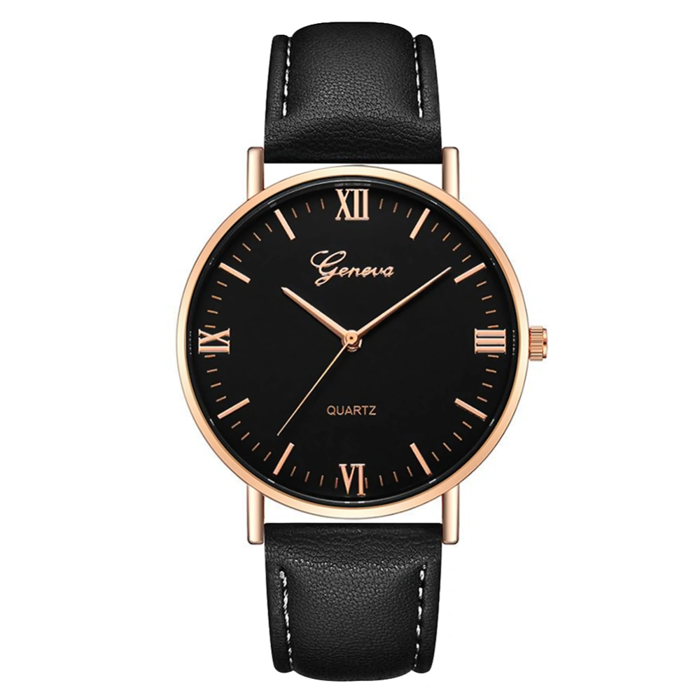 Unisex Men Women Watch Quartz PU Strap Round Glass Dial Wristwatch(Black Rose Gold Black)