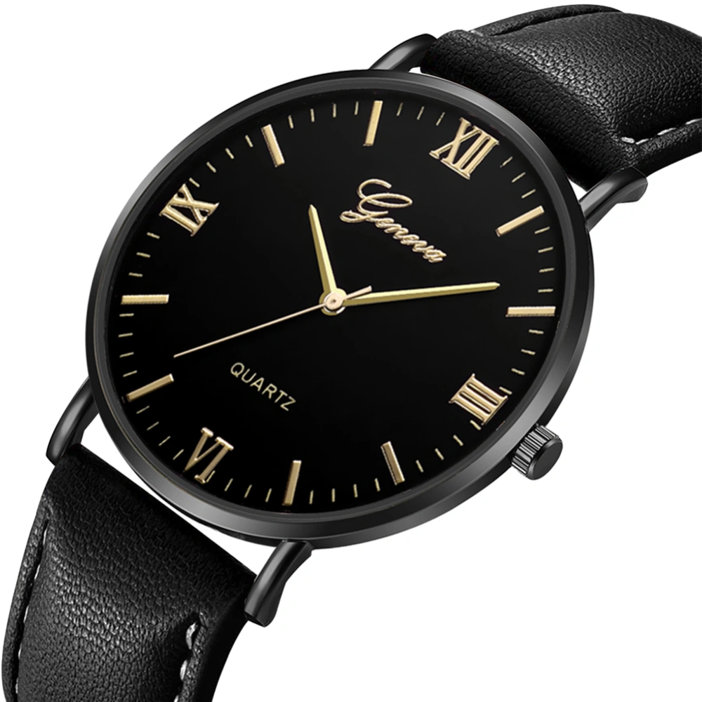 Unisex Men Women Watch Quartz PU Strap Round Glass Dial Wristwatch(Black Black Gold)