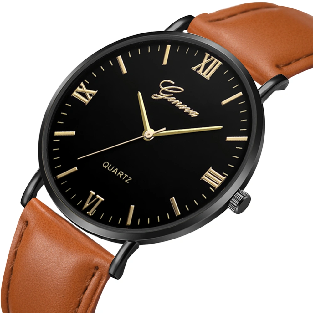 Unisex Men Women Watch Quartz PU Strap Round Glass Dial Wristwatch(Brown Black Gold)