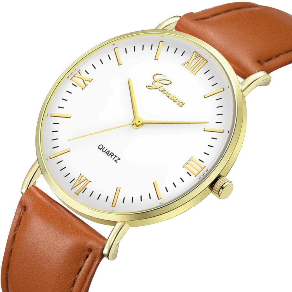 Unisex Men Women Watch Quartz PU Strap Round Glass Dial Wristwatch(Brown Gold White)