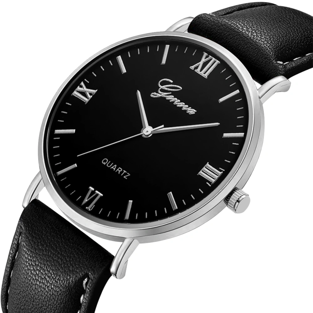 Unisex Men Women Watch Quartz PU Strap Round Glass Dial Wristwatch(Black Silver Black)