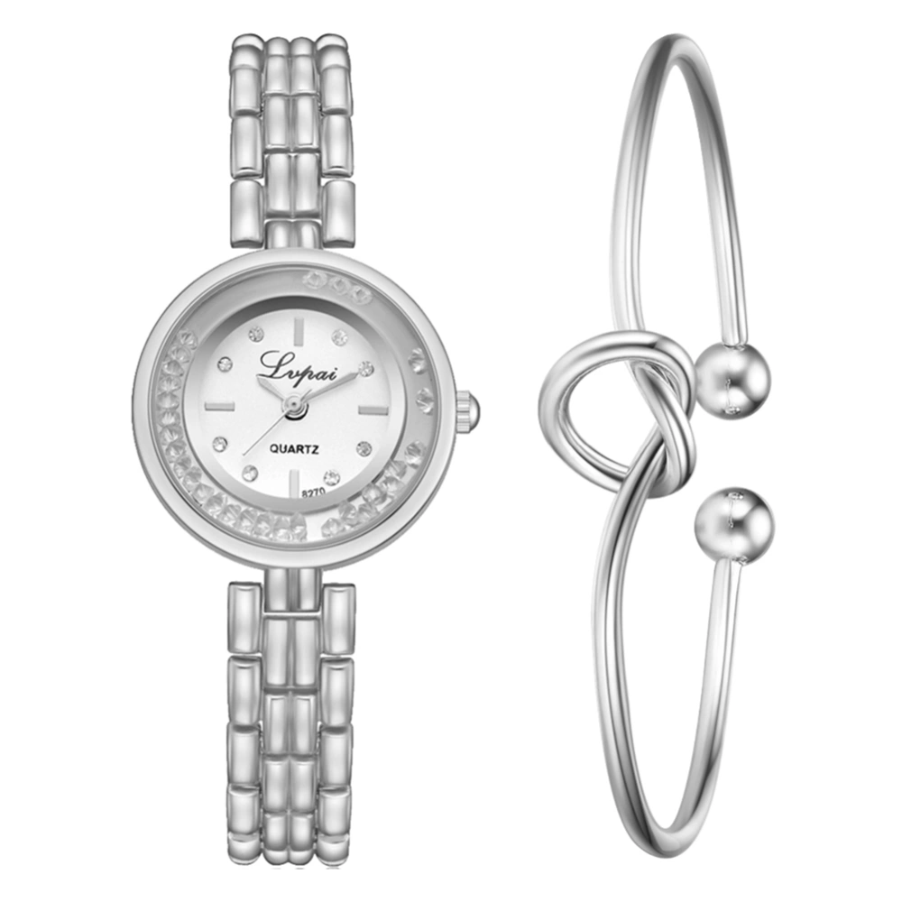 LVPAI Fashion Women Lady Wristwatch Alloy Quartz Watch & Bracelet Suit (Silver White)