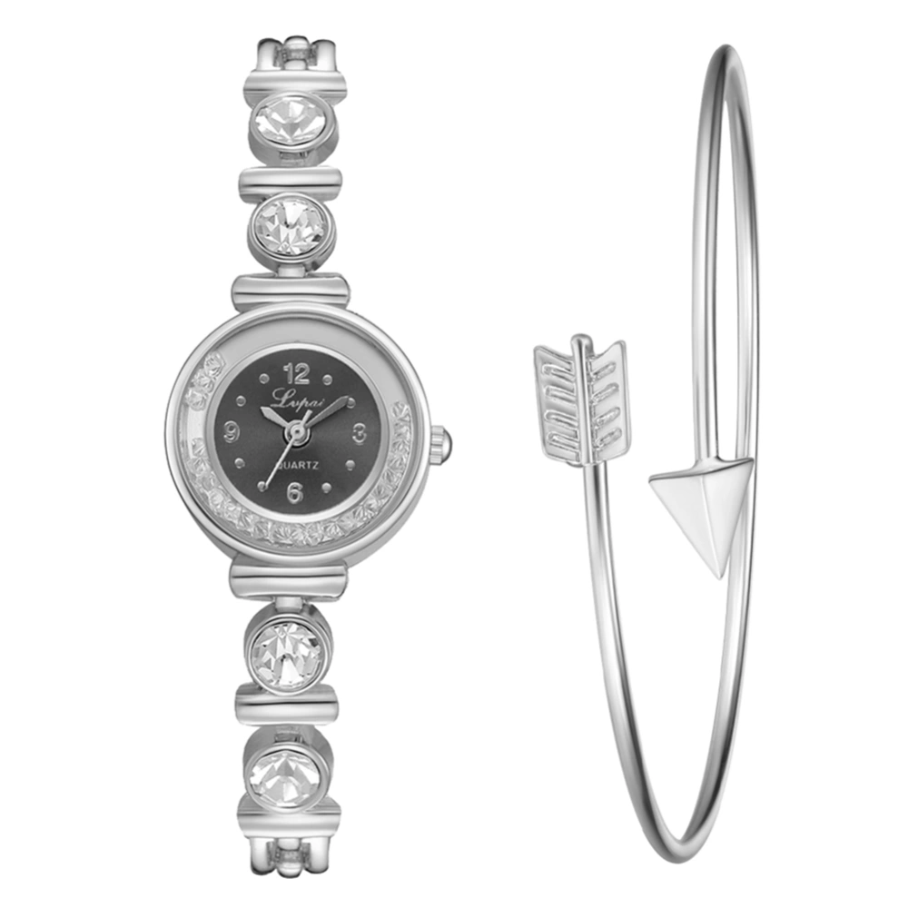 New Fashionable Women Slim Alloy Strap Rhinestone Quartz Watch & Bracelet Set (Silver+Black)