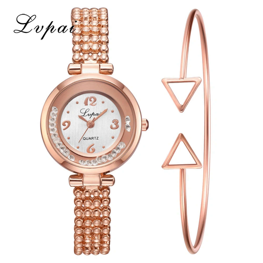 Fashionable Women Quartz Watch Casual Rhinestone Wristwatch Elegant Bracelet Rose Gold White