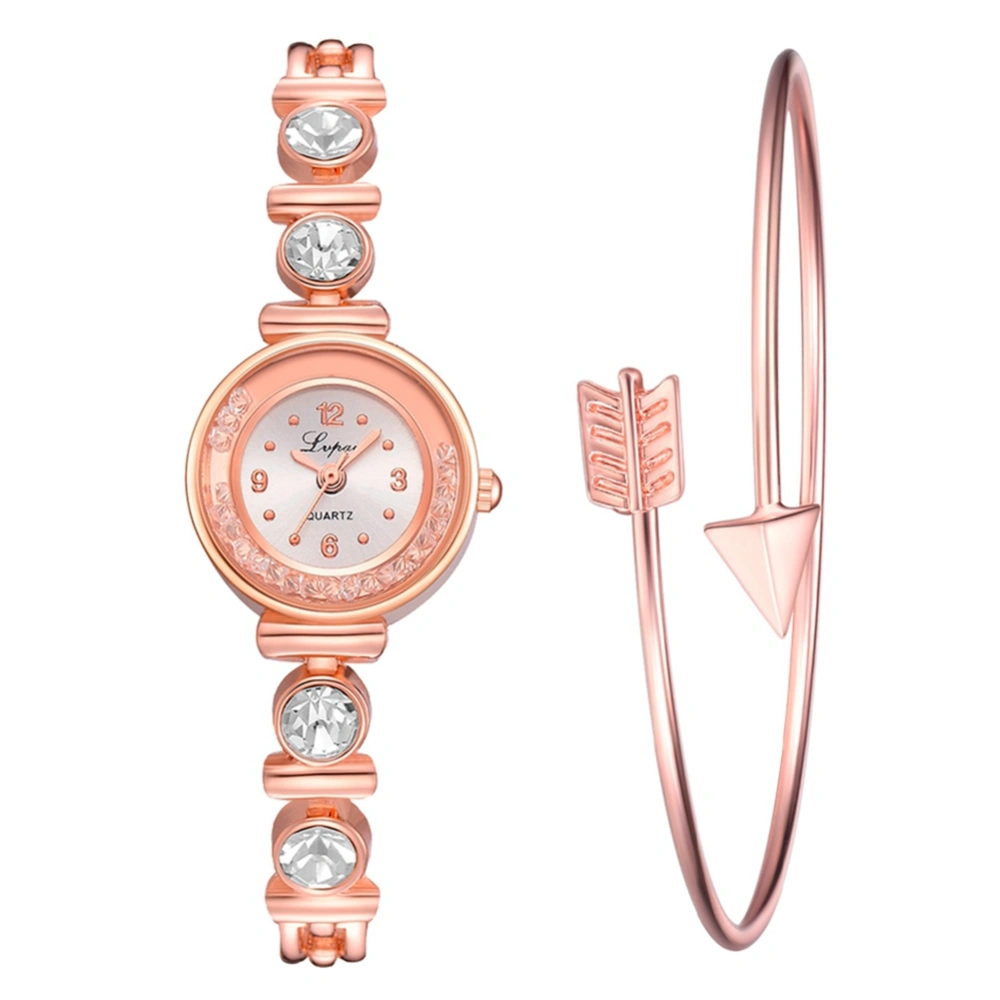 New Fashionable Women Slim Alloy Strap Rhinestone Quartz Watch & Bracelet Set (Rose Gold+White)