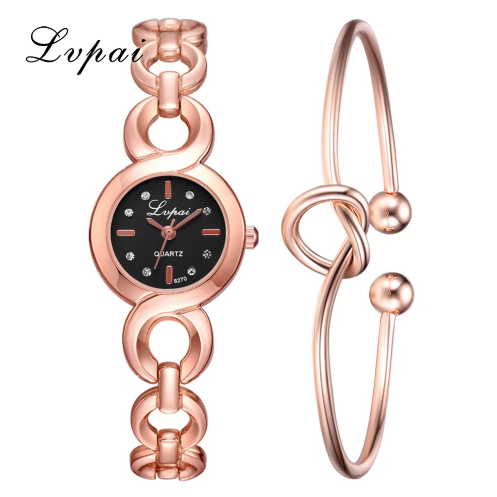 Female Quartz Watch Alloy Watch Delicate Ladies Bracelet Wristwatch Set( Rose Gold Black )