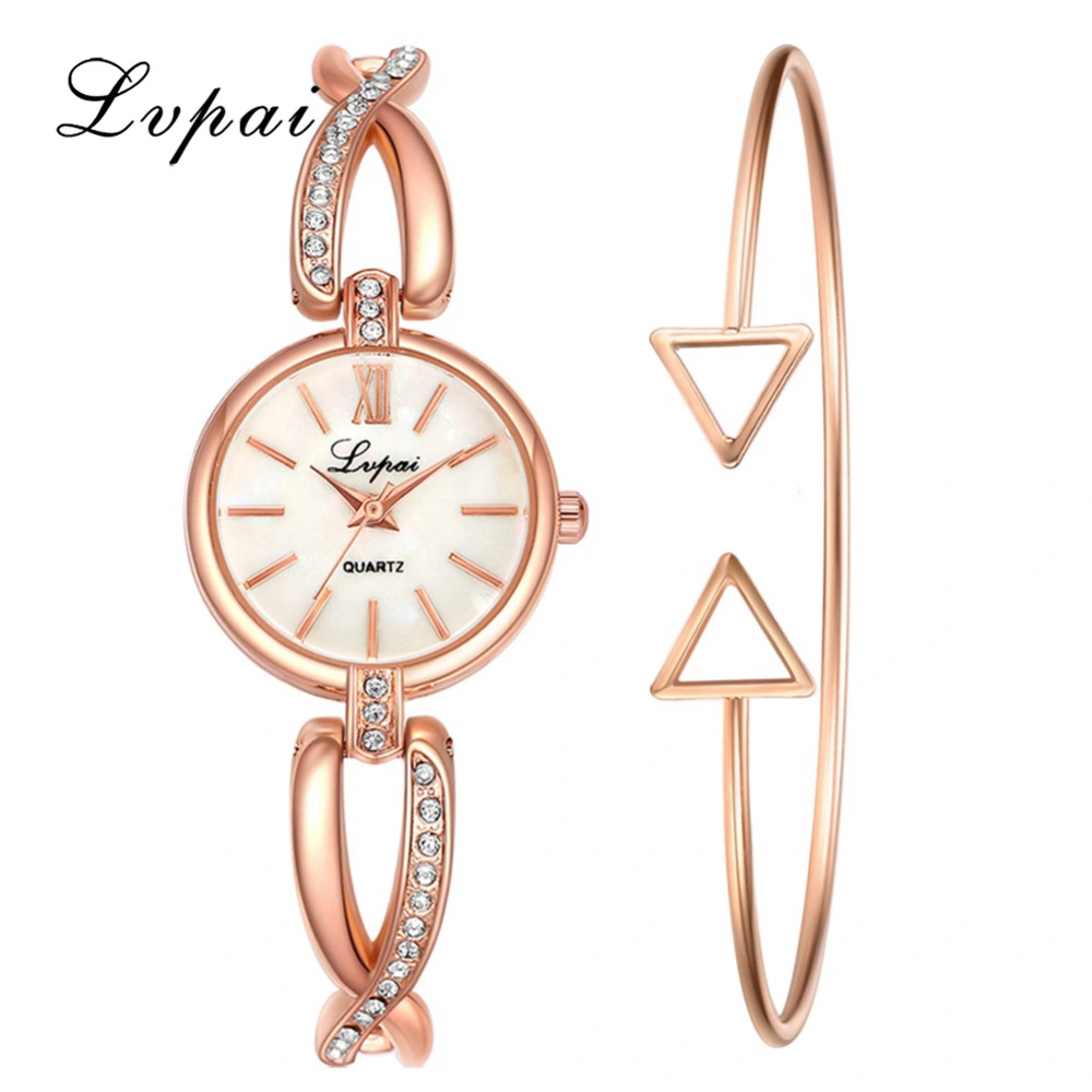 Female Quartz Watch Casual Watch Exquisite Ladies Bracelet Wristwatch Set( Rose Gold White )