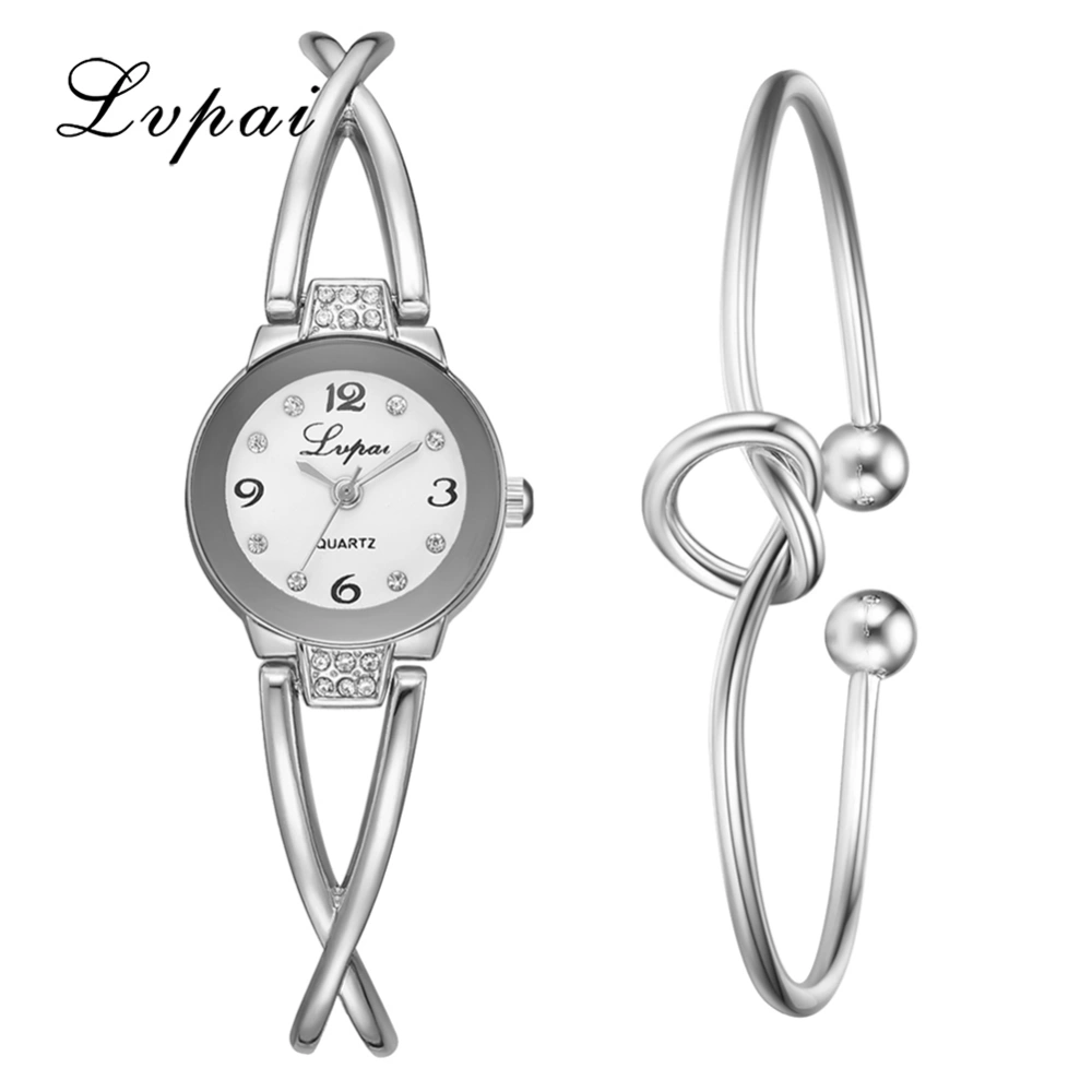 Retro Female Quartz Watch Alloy Watch Delicate Ladies Bracelet Wristwatch Set( Silver White）