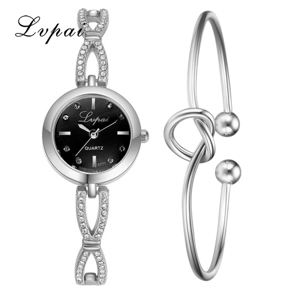 Female Quartz Watch Simple Watch Exquisite Ladies Bracelet Wristwatch Set( Silver Black )